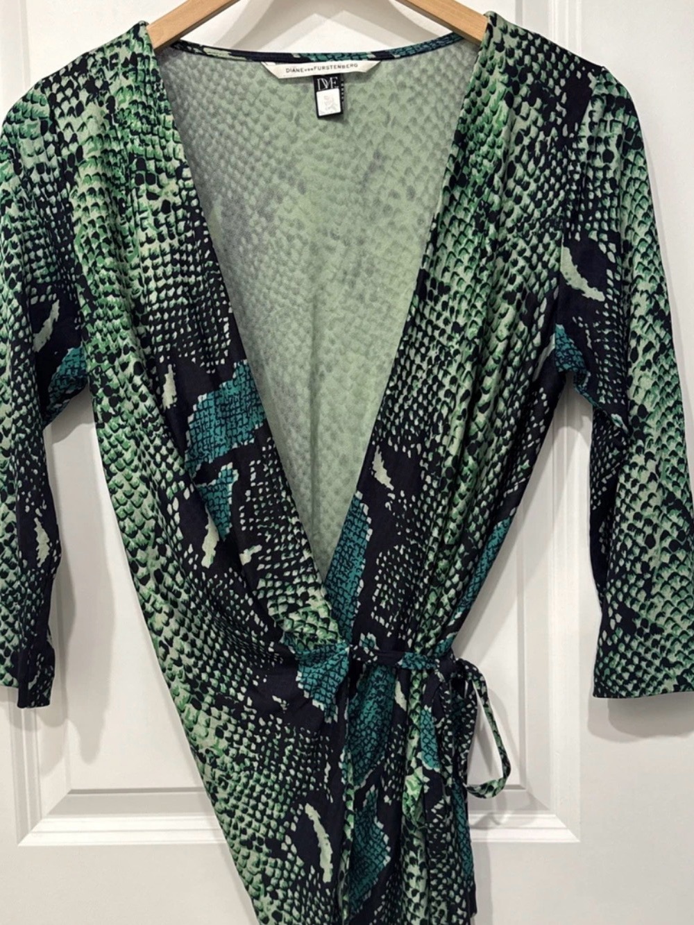 Diane Von Furstenberg Green and Black Snake-Print Wrap silk top- 2